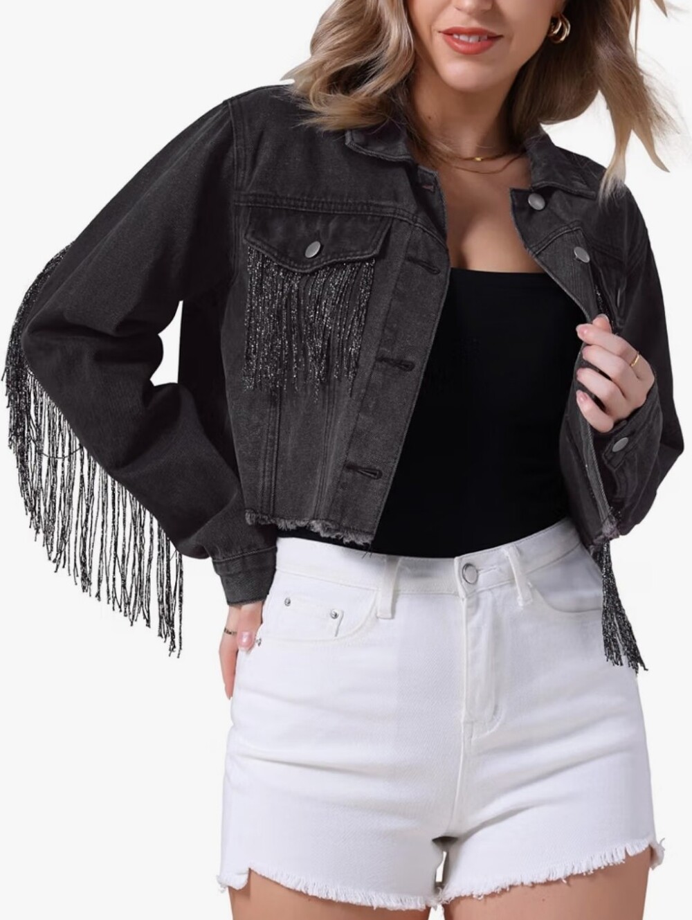 Cropped Jean Jackets Frayed Tassel Fringe Denim Jacket